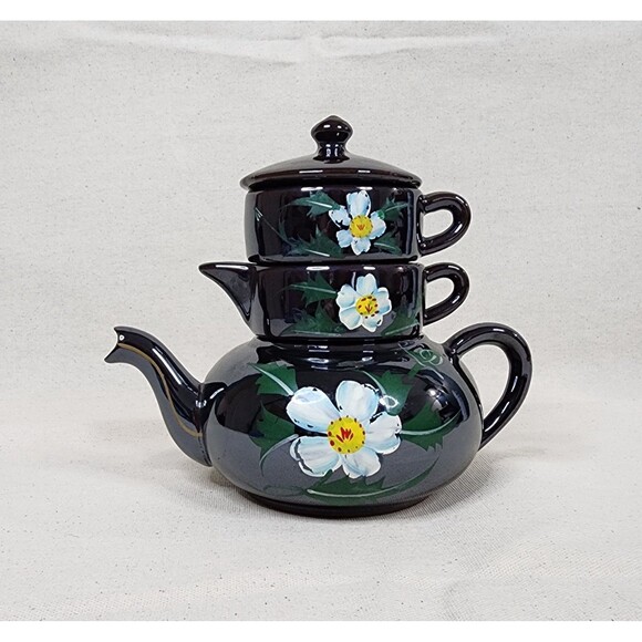 Vintage Japanese Lusterware Stacking Teapot Set – Hand Painted Floral – 3 pc Set - Picture 3 of 12